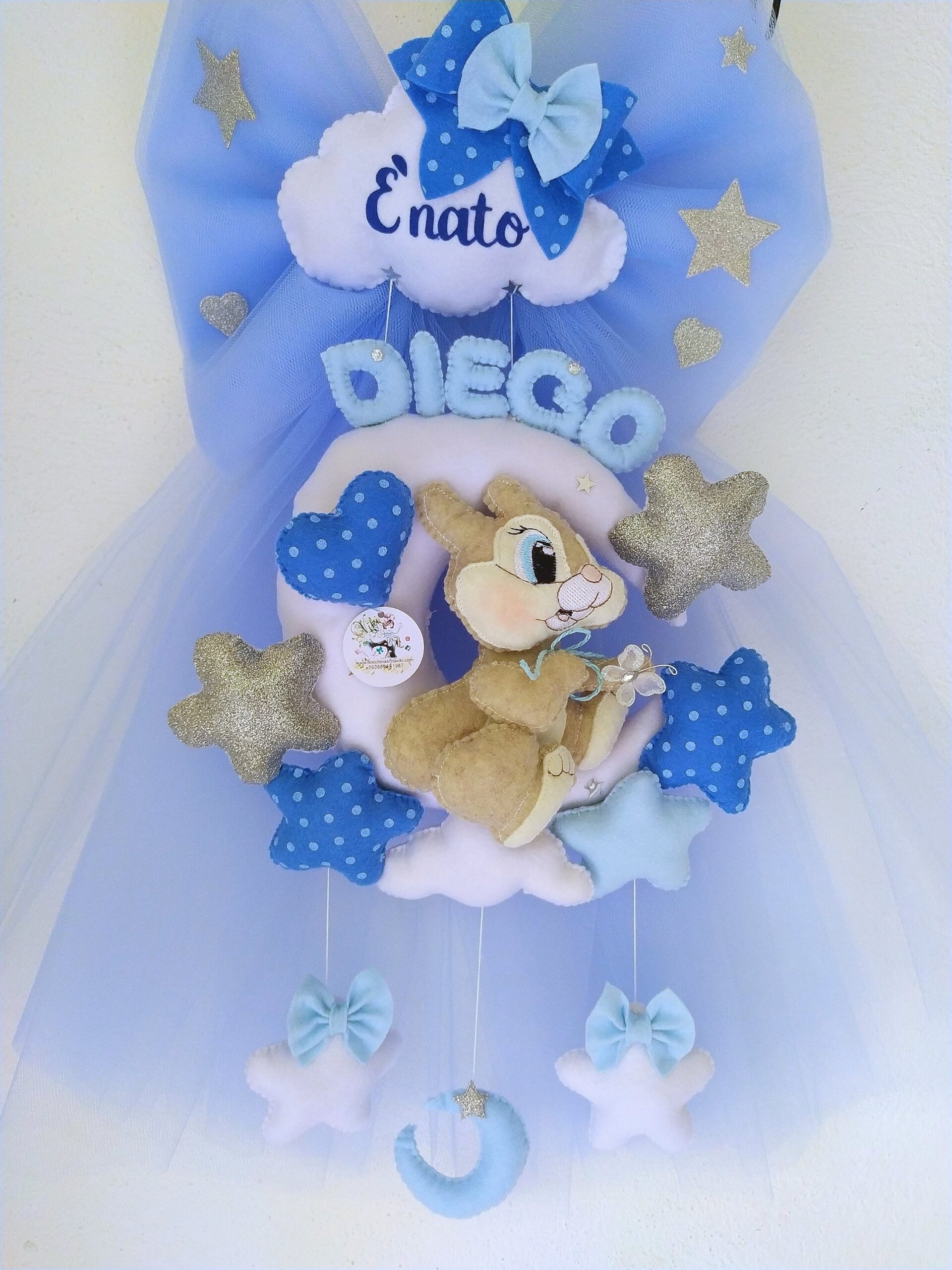 Fiocco Nascita Per Maschietto Personalizzato Con Nome Gufetto Color Azzurro Blu Verde Glitterato